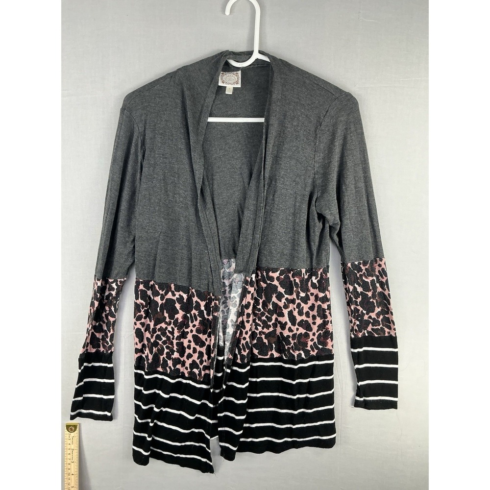 TruSelf Womens Small Open Front Cardigan Gray Pink Leopard Stripe Long Sleeve